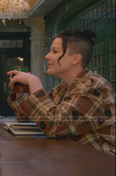 Kelly’s brown plaid mushroom robe on Good Trouble
