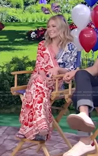 Kelly’s red and blue floral wrap dress on Live with Kelly and Ryan