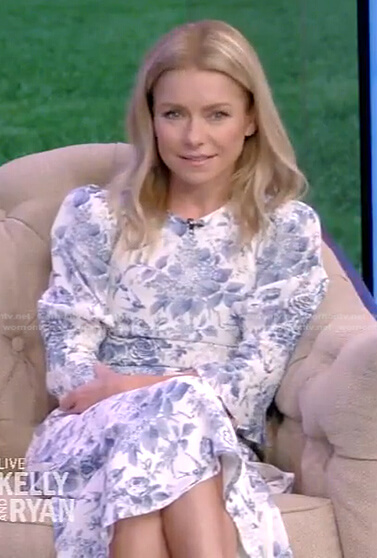 Kelly’s white and blue floral midi dress on Live with Kelly and Ryan