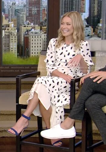 Kelly’s white printed midi dress on Live with Kelly and Ryan
