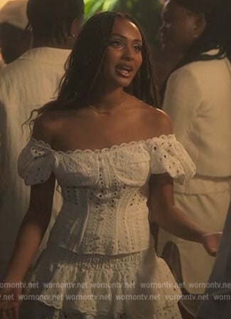 Kiela’s white crochet mini dress on Grown-ish