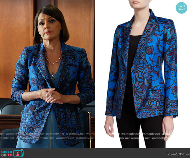 Kobi Halperin Petra Printed Silk Jacket worn by Maggie Palmer (Suzanne Cryer) on All Rise