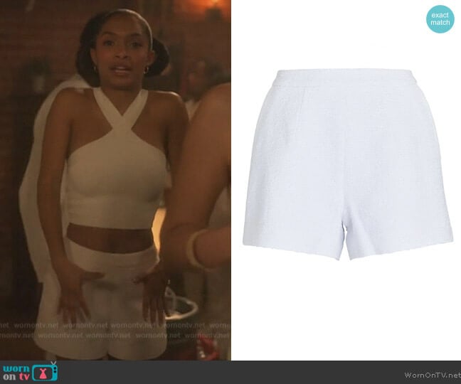 L'Agence Ashton Boucle Tweed Shorts worn by Zoey Johnson (Yara Shahidi) on Grown-ish