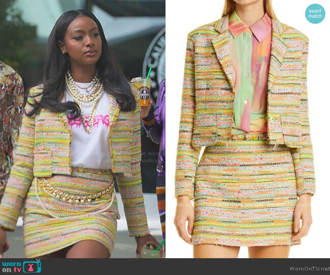 Le Superbe Beach Cotton Blend Tweed Jacket worn by Annika (Justine Skye) on Grown-ish