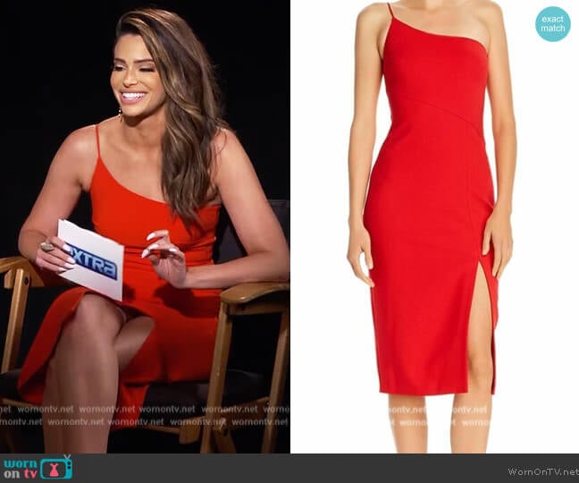 Likely Red Cassidy One-Shoulder Midi Bodycon Sheath Dress worn by Jennifer Lahmer on Extra