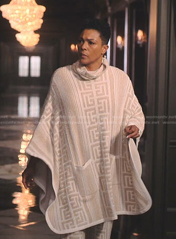 Lorraine’s monogram poncho and pants on Tom Swift