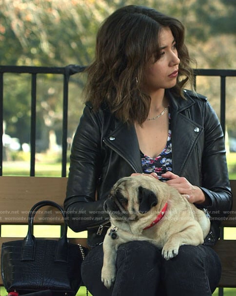 Louise’s black leather moto jacket on Maggie
