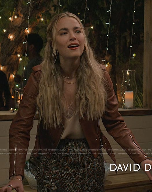Maggie’s brown leather jacket and paisley skirt on Maggie