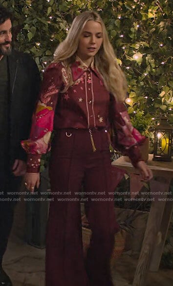Maggie’s burgundy star print blouse and flare pants on Maggie