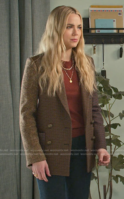 Maggie’s brown patchwork blazer on Maggie