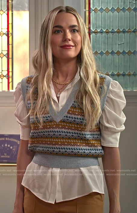 Maggie’s white puff sleeve blouse and fair isle sweater vest on Maggie