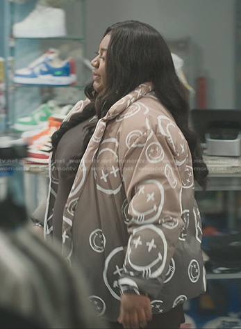 Maisha’s smiley face print jacket on The Chi