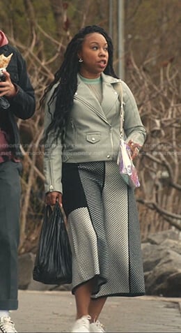 Malika’s grey moto jacket and cropped pants on Everythings Trash