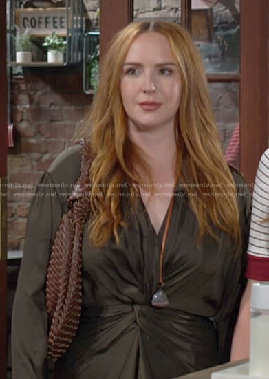 Mariah’s green satin twist front dress on The Young and the Restless