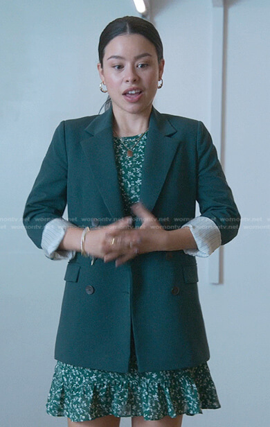 Mariana’s green floral mini dress and blazer on Good Trouble