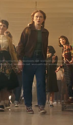 Max’s green striped top and brown corduroy jacket on Stranger Things
