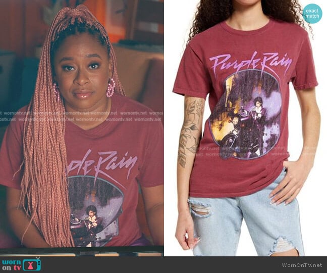 Merch Traffic Purple Rain Graphic Tee worn by Phoebe (Phoebe Robinson) on Everythings Trash