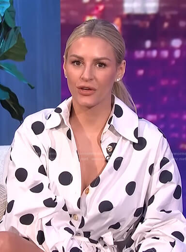 Morgan’s white polka dot shirtdress on E! News Nightly Pop
