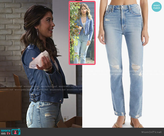 Mother Rider Skimp High Waist Straight Leg Jeans in The Confession worn by Louise (Nichole Sakura) on Maggie