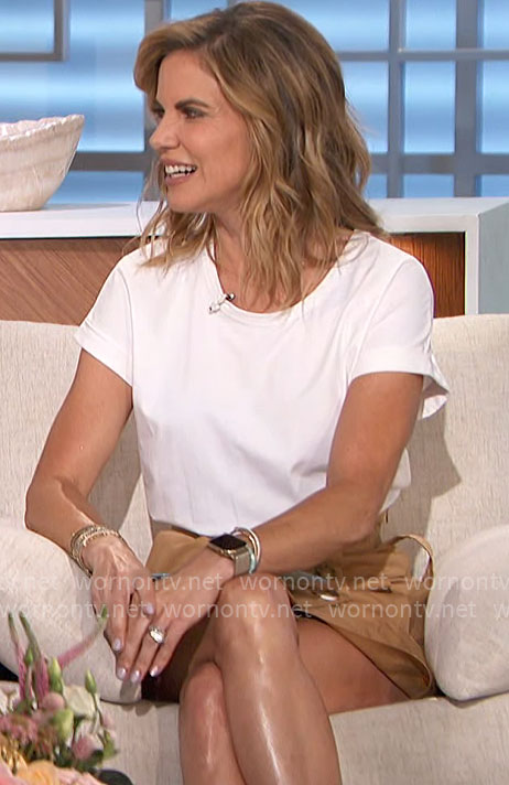 Natalie’s white tee and beige belted skirt on The Talk