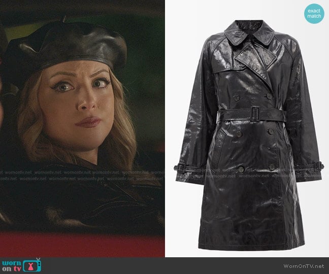 Nili Lotan Corey Crinkled-Leather Trench Coat worn by Fallon Carrington (Elizabeth Gillies) on Dynasty