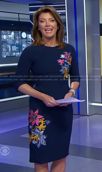 Norah’s navy floral embroidered dress on CBS Evening News