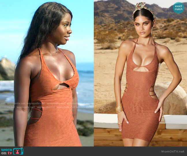 Oh Polly Jordan Dress in Rust worn by Sereniti Springs on Love Island USA