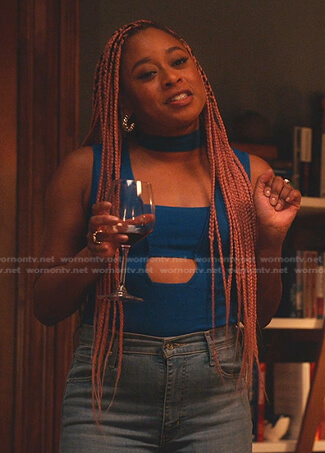 Phoebe’s blue cutout choker neck top on Everythings Trash