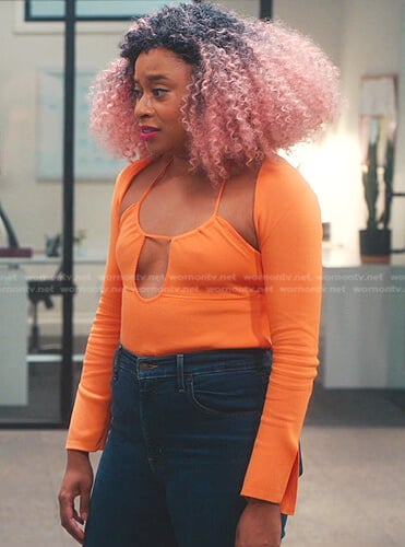 Phoebe’s orange cutout long sleeve top on Everythings Trash