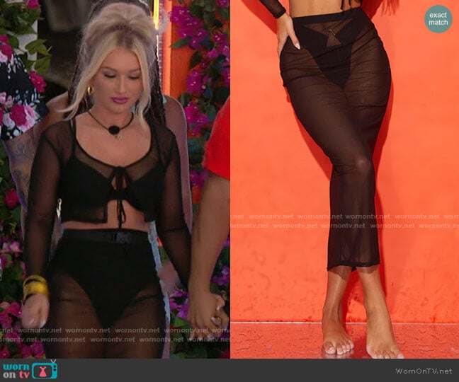 Pretty Little Thing Black Mesh Midaxi Beach Skirt worn by Mady McLanahan on Love Island USA