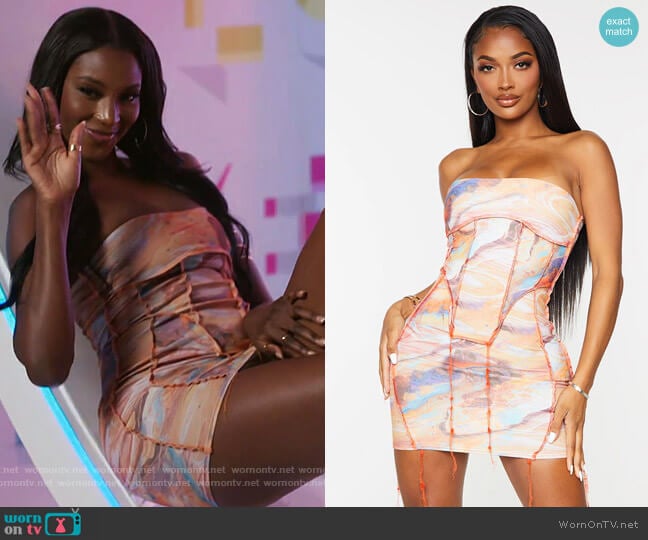 Pretty Little Thing Shape Multi Marble Print Overlock Seam Corset Detail Bodycon Dress worn by Zeta Morrison on Love Island USA