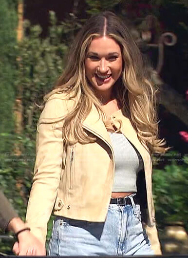 Rachel’s beige suede moto jacket on The Bachelorette