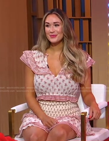 Rachel Recchia’s white floral ruffle top and mini skirt on Good Morning America
