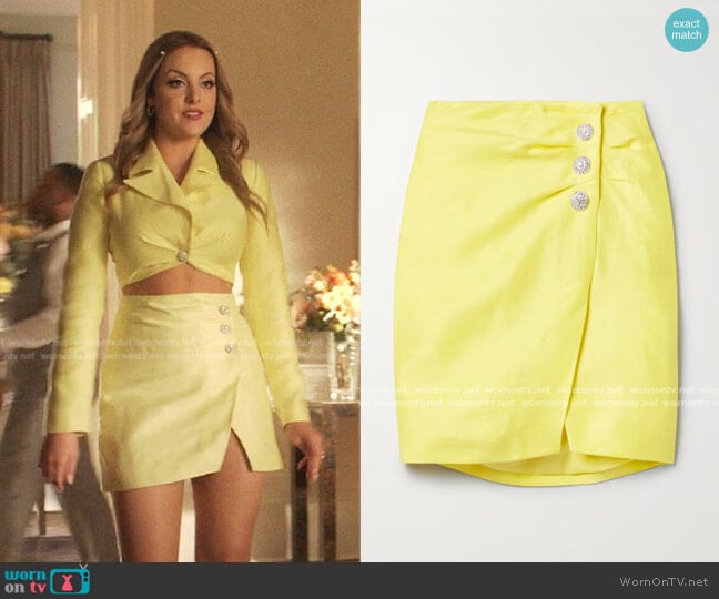 Rasario Crystal-Embellished Linen-Blend Mini Skirt worn by Fallon Carrington (Elizabeth Gillies) on Dynasty