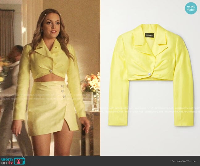 Rasario Cropped Crystal-Embellished Linen-Blend Blazer worn by Fallon Carrington (Elizabeth Gillies) on Dynasty