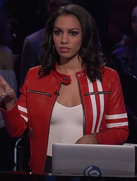 Corinne’s red leather stripe jacket on Beat Shazam