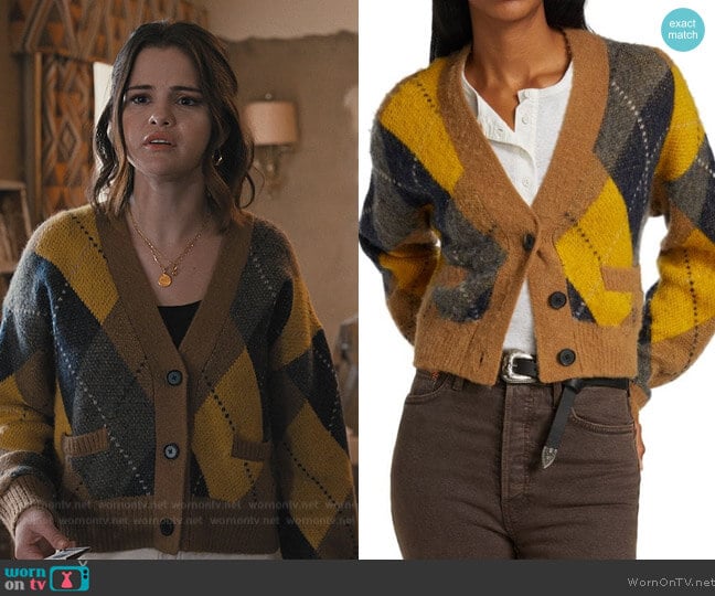 Re/done Cropped argyle jacquard-knit cardigan worn by Mabel Mora (Selena Gomez) on Only Murders in the Building
