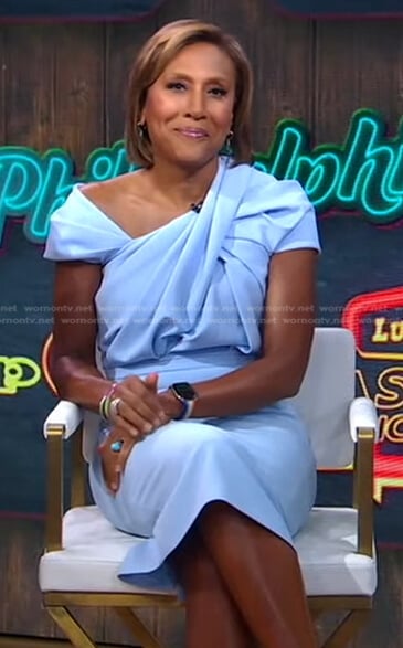 Robin’s blue asymmetric sheath dress on Good Morning America