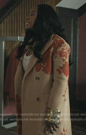 Beige rose print coat with metallic cuffs on The Chi