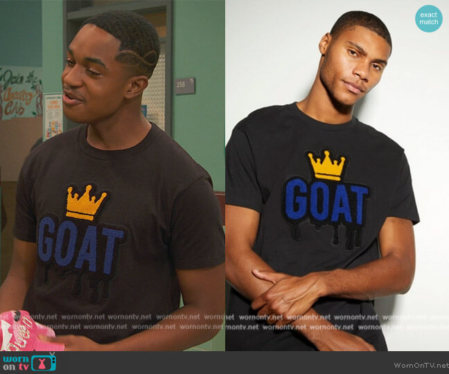 Rue 21 GOAT Chenille Patch Tee worn by Booker Baxter (Issac Ryan Brown) on Ravens Home