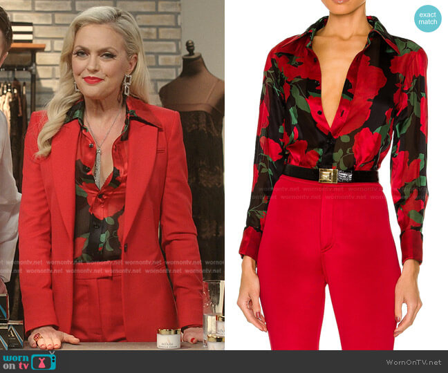 Saint Laurent Floral Button Down Shirt worn by Alexis Carrington (Elaine Hendrix) on Dynasty