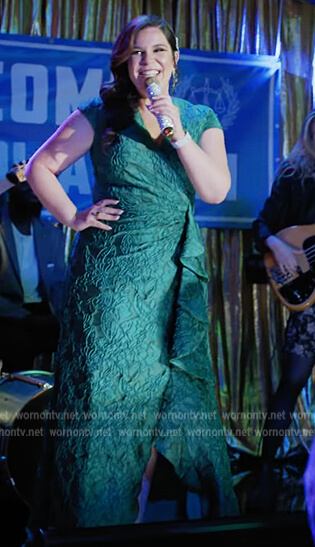 Sara’s green floral textured dress on All Rise