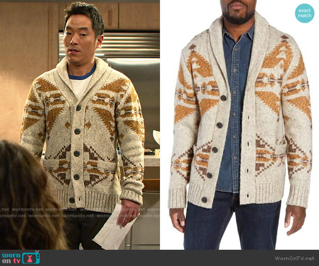 Schott NYC Geo Pattern Cardigan worn by Dave (Leonardo Nam) on Maggie