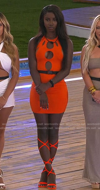 Sereniti’s orange dress with cutouts on Love Island USA