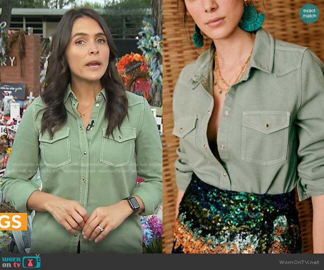 Sezane Servanne Shirt in Sage worn by Lilia Luciano on CBS Mornings