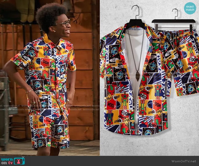 Shein Letter & Cartoon Graphic Shirt & Shorts worn by Noah Lambert (Israel Johnson) on Bunkd