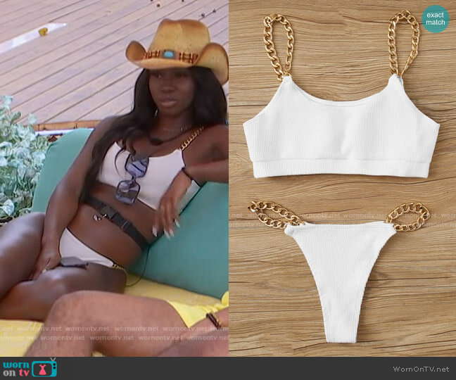 Shein Rib-Knit Chain Detail Triangle Tanga Bikini Swimsuit worn by Sereniti Springs on Love Island USA