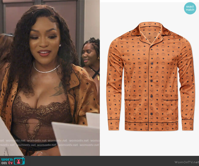 MCM Classic Logo Silk Pajama Shirt worn by Drew Sidora on The Real Housewives of Atlanta