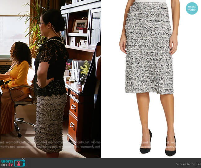 St John Fil Coupe Eyelash Tweed Midi Skirt worn by Sherri Kansky (Ruthie Ann Miles) on All Rise