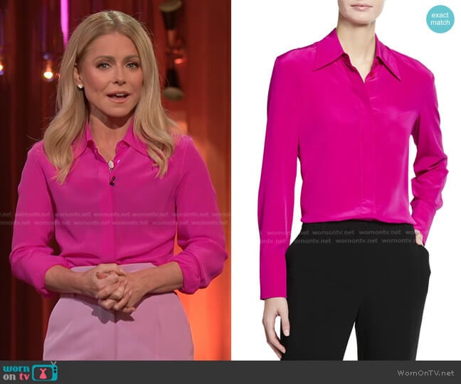St John Collection Silk Crepe de Chine Blouse with Front Placket worn by Kelly Ripa on Generation Gap